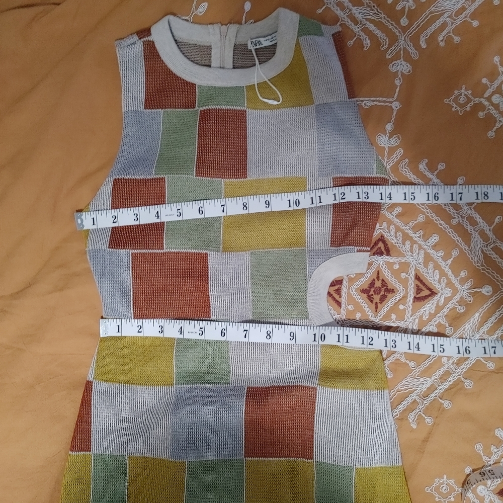 Zara Multicolor Patchwork Cutout Mini Dress — Sage, Mustard, Rust, Sky - Picture 15 of 16